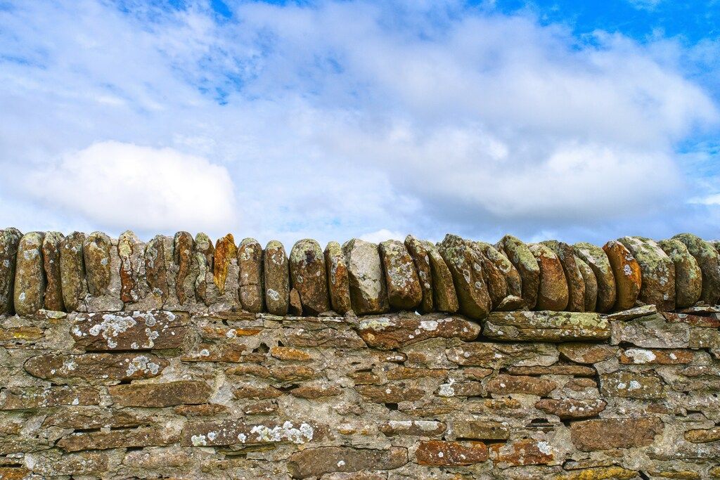 Eine Steinmauer, auf der Moos wächst.