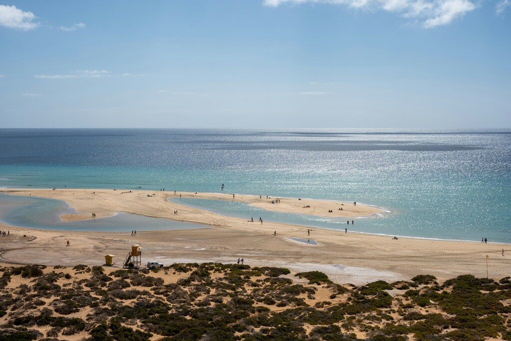 Ein Blick auf einen Strand, an dem Menschen spazieren gehen