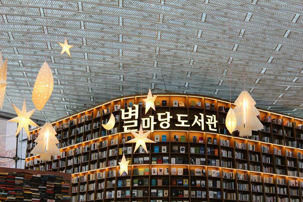 Ein großes, geschwungenes Bücherregal mit koreanischen Schriftzeichen, beleuchtet von dekorativen, hängenden Stern- und Baumlampen