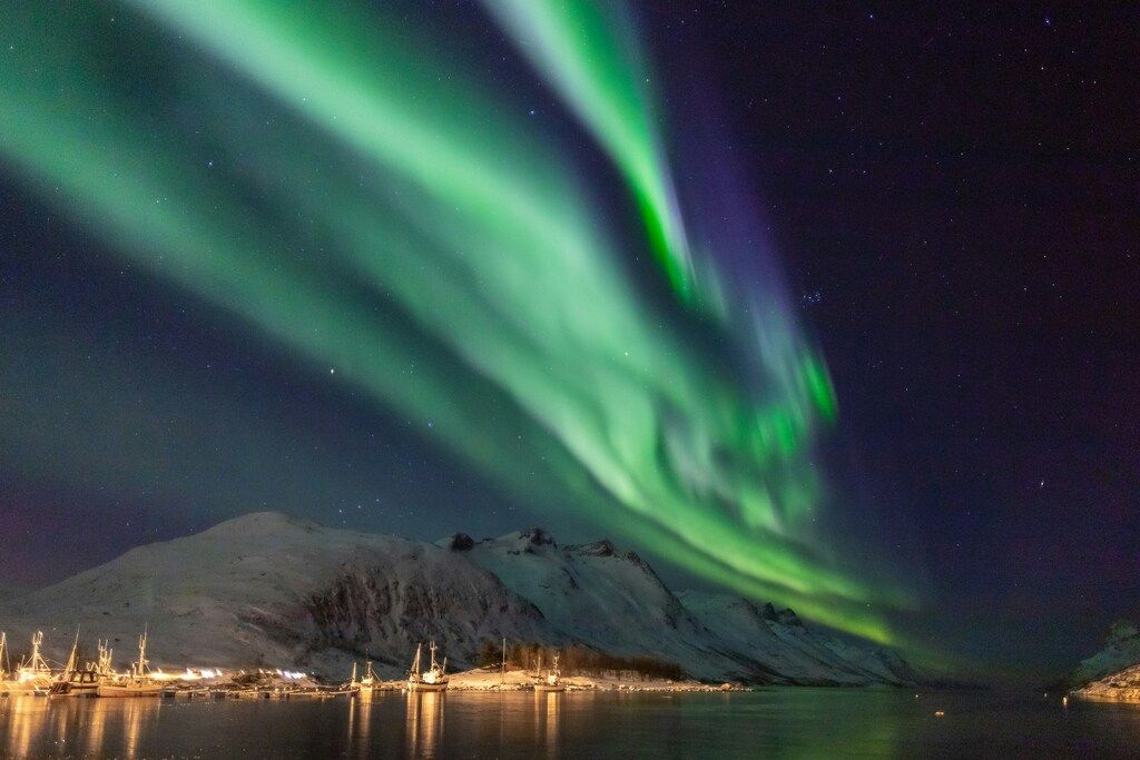 Grüne Polarlichter leuchten über einem verschneiten Fjord und Bergen.