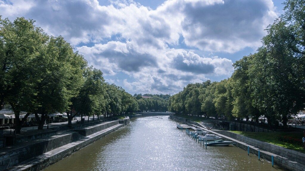 Blick auf den Fluss Aurajoki in Turku, umgeben von grünen Bäumen unter einem teilweise bewölkten Himmel.