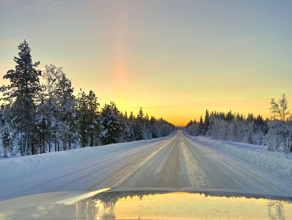 Eine schneebedeckte Straße bei Sonnenaufgang, umgeben von schneebedeckten Bäumen in einer ruhigen, abgelegenen Landschaft.