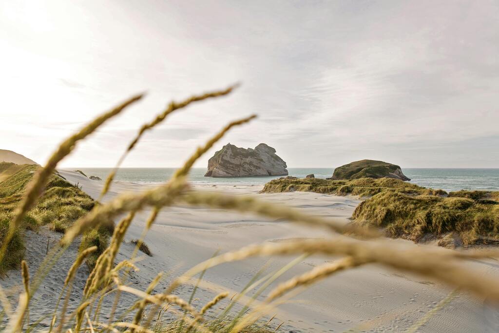 Sanddünen mit Blick auf einen Felsen im Meer, eingerahmt von hohem Gras.