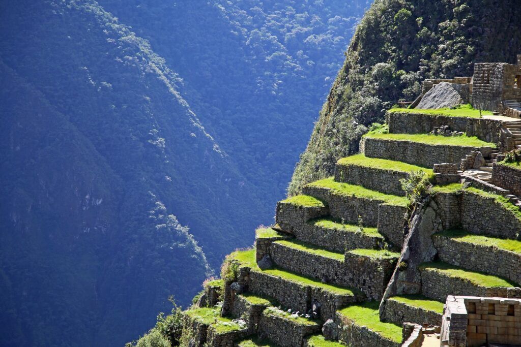 Grüne landwirtschaftliche Terrassen der Inka in Machu Picchu mit Blick auf das Andental.
